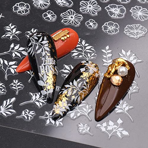 Flowers Nail Decals 3D Self-Adhesive White Floral Nail Art Stickers Wedding Lace Floral Nail Supplies Retro Vine Leaf Pattern Design Luxury Crown Nail Decorations For Women Girls(373-384 White) #TOP2