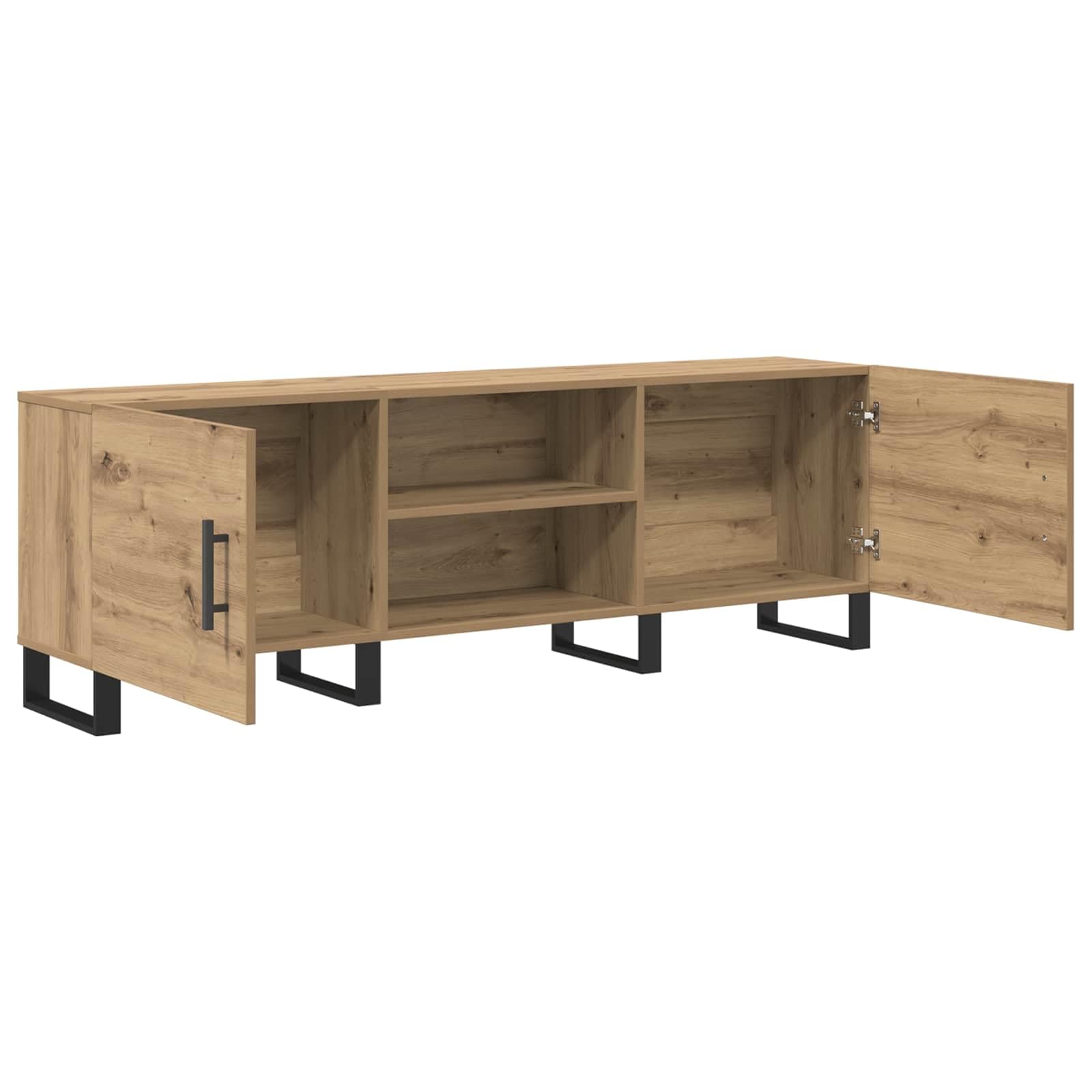 59-Inch Engineered Wood TV Stand with 2 Doors, Oak | Measures 150 x 30 x 50 cm with an open center shelf, providing storage for media players in living rooms.
