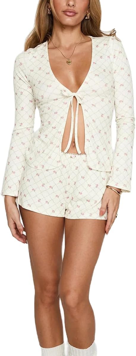 Summer Outfit for Women Flower Print Tie Front Crop Top and Short Matching Lounge Sets
