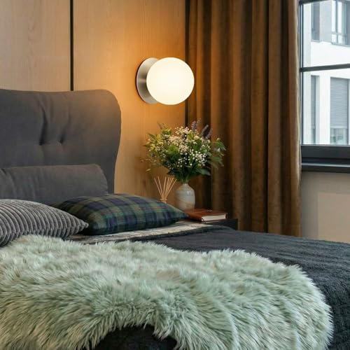 Image of 1 Pack Brushed Nickel Wall Sconce, Modern Bathroom Sconce with Milky Globe Glass, Wall Light for Bathroom Mirror, Living Room, Hallway (Bulb Not Included)