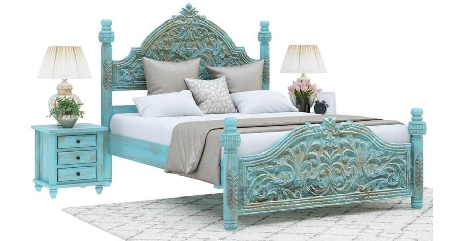 Image of Arman Handicrafts Hand Carved Solid Wood Bed Frame with Decorative Headboard & Footboard | Vintage Style Wooden Bed for Bedroom | Strong Mattress Support Bed Frame | Turquoise Finish