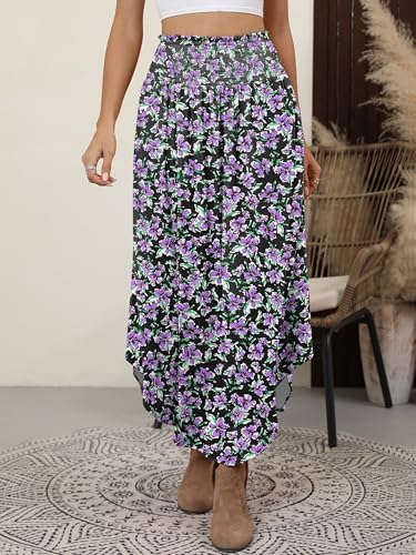 Image of ANRABESS Women's Maxi Skirts Summer Boho Floral High Waisted Flowy Swing Pleated Beach Long Skirt with Pockets