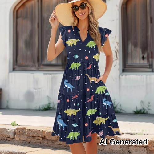 Image of Womens Summer Dress Ruffle Sleeve V Neck Dress Casual Fit Flowy Beach Vacation Sundress with Pocket S-2XL
