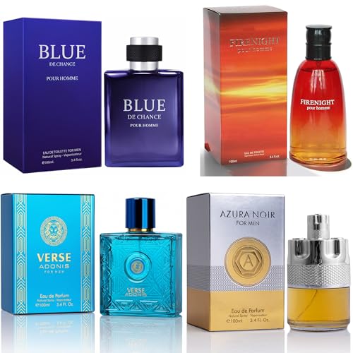 Mens Cologne Set, EDP, 4 Pack (3.4 oz / 100 mL), Firenight, BLUE DE CHANCE, AzuraI, Verse Adonis Blue, Fresh Gym Rotation, for commute, summer days and travel