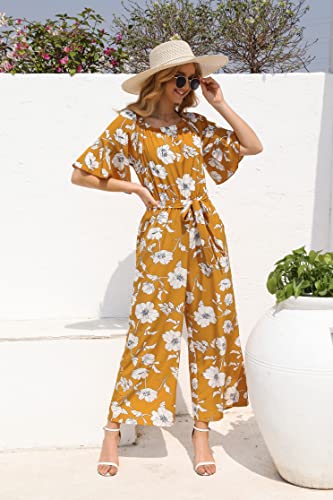Love Welove Fashion Women's Summer Floral Off Shoulder Ruffled Short Sleeve High Waist Wide Leg Pants Casual Loose Jumpsuit Romper #TOP3