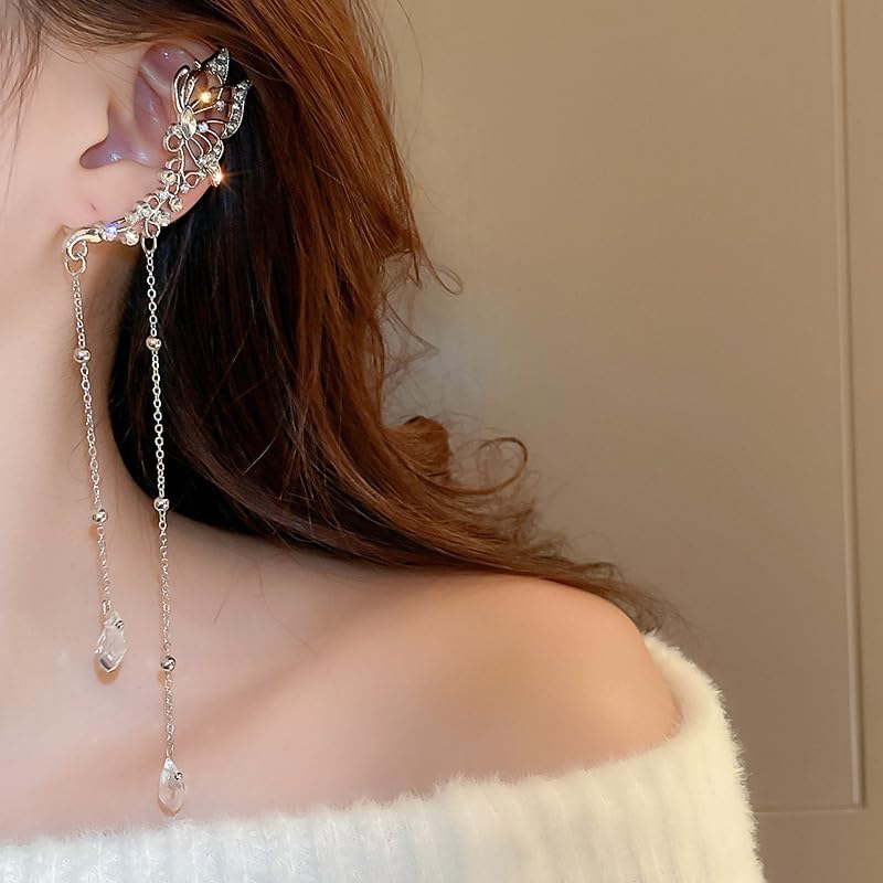 Sparkly Butterfly Crystal Rhinestone Dangle Drop Ear Cuff Long Chain Rhinestone Crystal Chandelier Earring Ear Cuff Butterfly Non-Piercing Fake Earrings for Women - Image 2