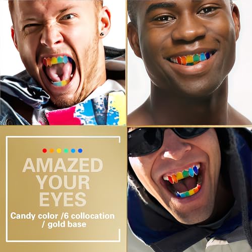 69 Gold Grillz Rainbow Style Like Tekashi69 Set 24K Plated Gold Teeth Grillz for Men + Storage Case + Microfiber Cloth4