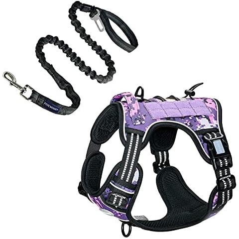 Auroth Tactical Dog Harness with 6 FT Black Heavy Duty Dog Leash for Large Breed Dogs, No Pulling Reflective Dog Training Vest Purple L Cover