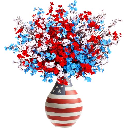 Yastouay 4th of July Artificial Flowers Decorations, 10 Pcs Red White and Blue Decorations, Fake Patriotic Babys Breath Flowers for Independence Day Decor Floral Arrangement