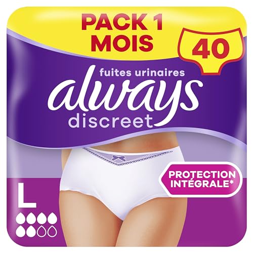 Always Discreet, 40 Culottes Incontinence Femme, Normal 5 Gouttes, Sous-Vêtements Taille L, Blanc, Protection Très Absorbante pour Fuites Urinaires Importantes ou post accouchement, Pack 1 Mois