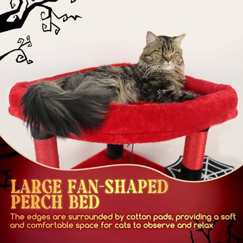 Image of Globlazer Gothic Corner Cat Tree Tower with Scratching Post for Indoor Cats, 51inch Goth Cat Condo Tower with Large Hammock, Fan-Shaped Padded Perch, Spacious Cat Cave, Hanging Basket, C51, Red Black