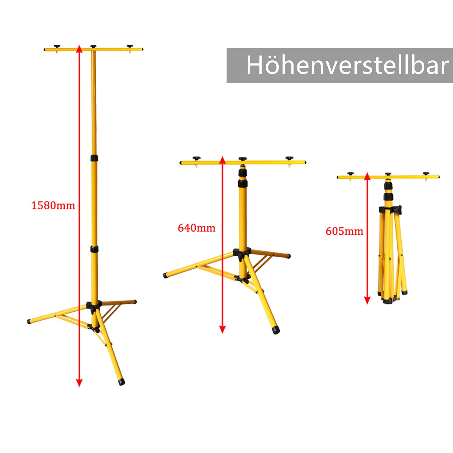 Trípode telescópico para foco de construcción, altura regulable de 64 a 158 cm, trípode de acero para foco LED, trípode de acero, trípode amarillo, soporte para 2 focos