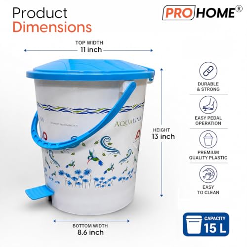 Image of PROHOME Aqualina Floral Plastic Pedal Dustbin for Home, Office, Kitchen, Bathroom & Bedroom | Trash Can /Garbage Waste Bin with Lid & Handle (15L, White)