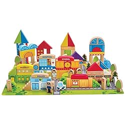 Hape 125PCs Wooden Building Blocks with City Map| Educational Learning and Playing Building Blocks Set with Storage…