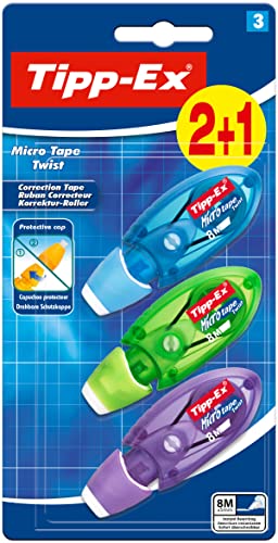 Tipp-Ex Korrekturroller Micro Tape Twist mit Schutzkappe, in 3 Farben (nicht wählbar), 8m x 5 mm, 3er Pack, Ideal für die Schule