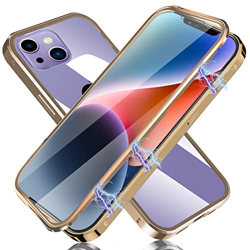Funda para iPhone 14 Plus, Funda Magnética de Vidrio Templado Transparente de Doble Cara, Funda Protectora Completa con Cargador Inalámbrico para iPhone 14 Plus 6.7'' 2022 - Oro Cover