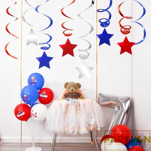 Image of Red Blue Silver Star Hanging Swirl Decorations Stars Streamers Foil Swirls for Ceiling Decorations Graduation Party Supplies 4th of July Patriotic Decorations, Pack of 42