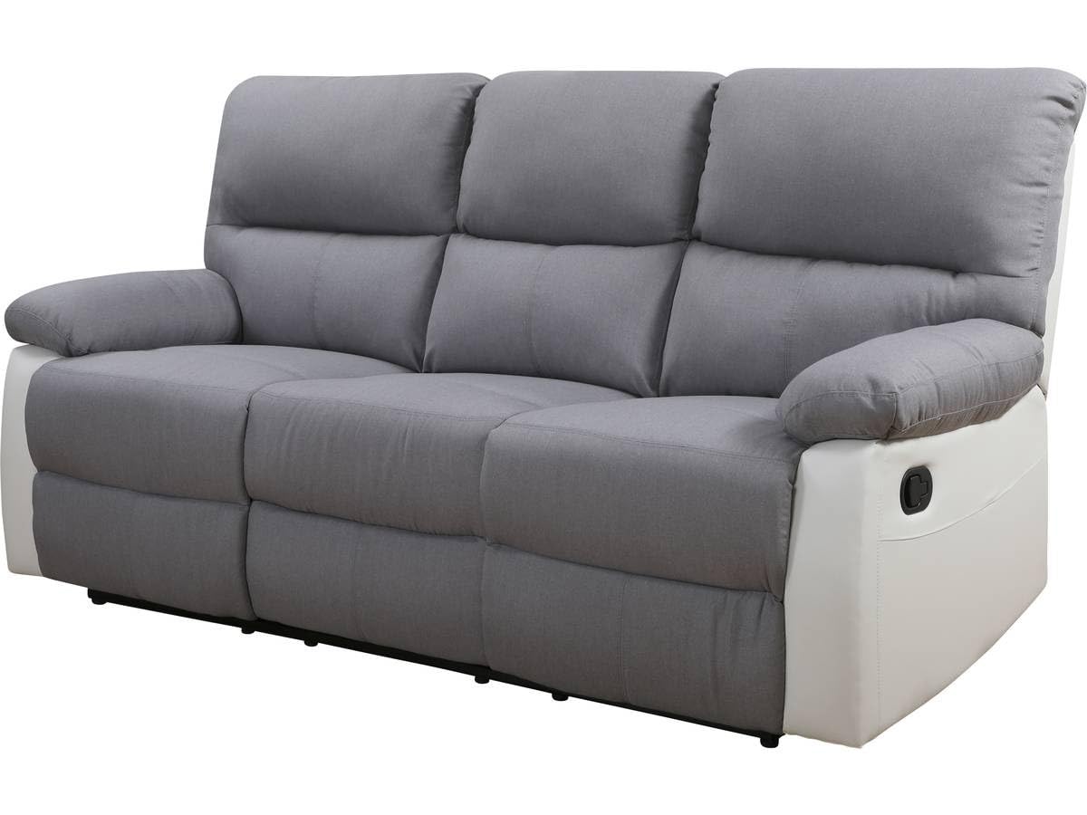 Habitat et Jardin - Canapé Relax en Simili et Tissu Lincoln 3 Places Blanc et Gris Clair - Fauteuil Relax Design Moderne - Canapé Inclinable Résistant et Confortable