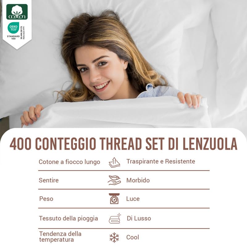 Pizuna Set Lenzuola letto singolo Cotone 90x200 cm Bianco, 400 fili con trama Sateen in 100% Cotone a fiocco lungo Biancheria De Letto con 1 lenzuolo con angoli, 1 lenzuolo sopra, 1 federa
