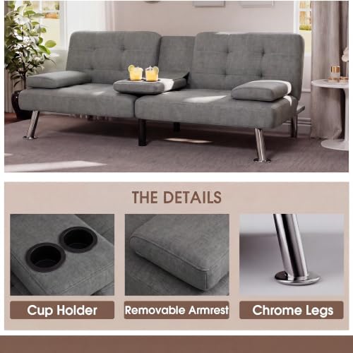Image of Flamaker Futon Sofa Bed, Modern Linen Convertible Folding Futon Set