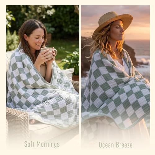 Image of 6-Layer Muslin Toddler Blanket - Made with Organic Cotton, Large 50x60 Crib Quilt & Bedding for Kids & Moms (Sage Green Checkered)