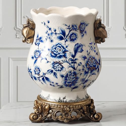 Vintage Blue and White Ceramic Vase with Gold Pedestal, Chinoiser...