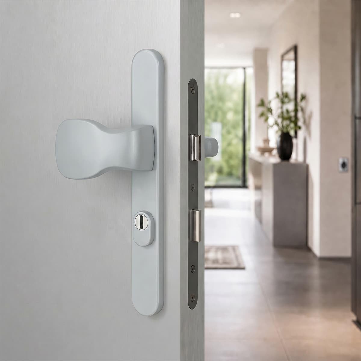 MS Beschläge Aluminium Schmalrahmengarnitur 72mm Abstand 8mm Vierkant Silber pulverbeschichtet Kernziehschutz Langschild Türdrücker Wechselgarnitur Türbeschlag (Knopf/Drücker, Türstärke 87-102mm)