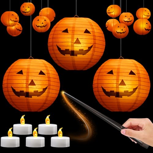 Hievil 12pcs 10in Floating Jack-O-Lanterns with Wand Remote and 24pcs LED Tea Lights for Decor