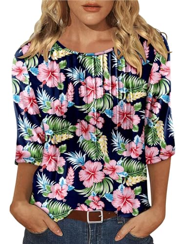 KISSMODA Tunic Tops for Women Loose Fit Dressy Round Neck Pleated 3/4 Length Sleeve Spring Tops