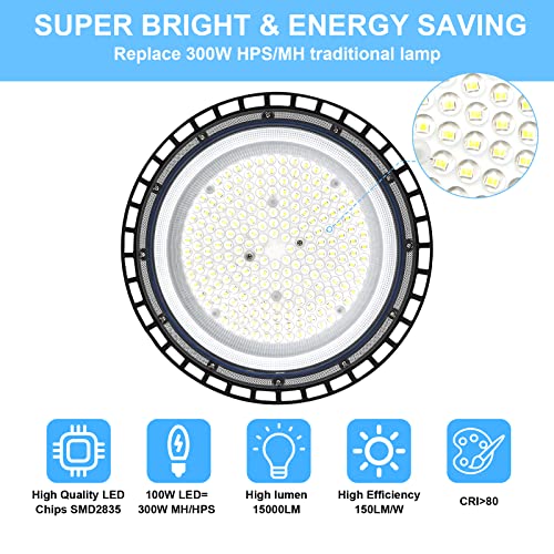 ZXICH 100W UFO LED High Bay Light,10000LM Industrial UFO Lamp, 6000K-6500K Daylight White LED Warehouse Lighting - Image 2