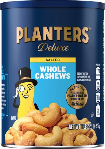 Image of PLANTERS Deluxe Salted Whole Cashews, Party Snacks, Plant-Based Protein, Quick and After School Snack, Roasted Cashew Flavored with Sea Salt, Bulk Nuts, Kosher, 1lb 2.25oz Canister (Pack of 4)