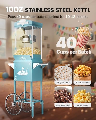 Image of 10 oz Popcorn Machine Cart, Popcorn Maker Machine with Wheel&Stainless-Steel Kettle Makes Up to 40 Cups, Vintage Movie Theater Style Pop Corn Machine, Cyan