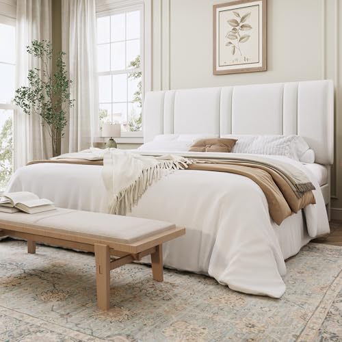 SHA CERLIN King Size Platform Bed Frame Velvet Upholstered Bed with Adjustable Headboard Vertical Channel Tufted Design Sturdy Wood Slat Support No Box Spring Needed Easy Assembly White