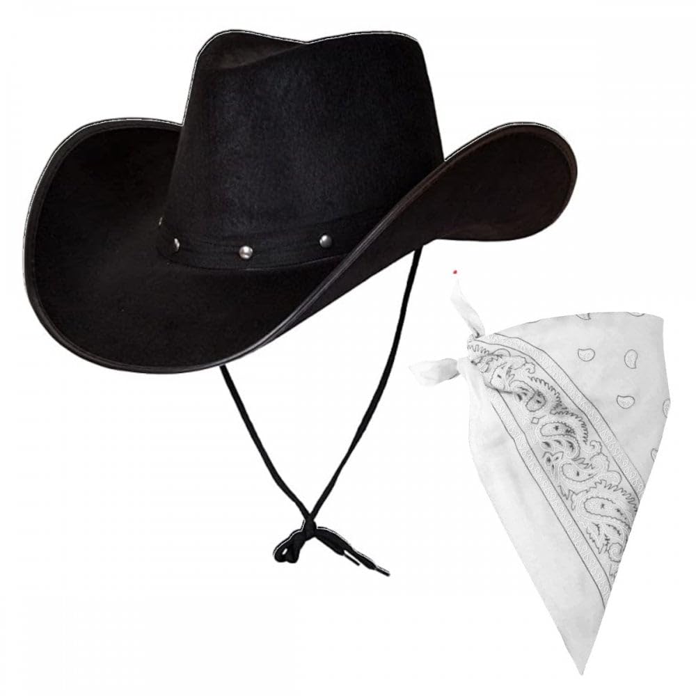 Titch & Timbo Black Texan Cowboy Hat + Bandana Set : Adult Mens Womens Western Wild West Rodeo Barn Dance Cowgirl Music Festival Pop Tour Fancy Dress Accessory (Paisley Bandana, White Bandana)