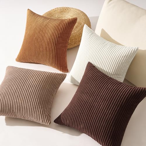 Image of Topfinel Gold Brown Throw Pillow Covers Rustic Modern Soft Corduroy Striped Decorative Cushion Cover 16x16 Inch Gradient Farmhouse Pillow Case Set of 4 for Sofa Couch Living Room Bedroom