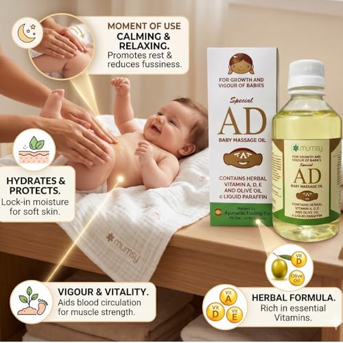 Image of Herbal Vitamin A,D,E and olive Baby Massage AD Oil 100ml for Healthy Babies & Infants || Healthy Skin & Rich Moisturizer for All Skin Types 100 ml (Pack of 2)