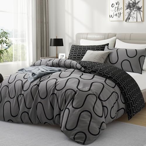 Hafaa Double Duvet Set Soft Printed Bedding Set Brushed Microfiber Duvet Cover with Pillowcases (Black and Grey Wave 200x200 CM)