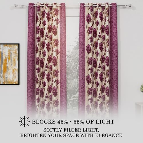 Image of Door Curtains 7 feet Long Set of 2 | Floral Design | Polyester, Light Filtering Curtains and Drapes | Curtains for Living Room | (118 x 215 cm, Pink & Cream) | Perfect for Home Decor
