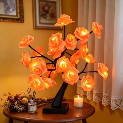 24 LED Orange Rose Tree Light Artificial Bonsai Flower Table Lamp USB Battery Powered Romantic Night Light for Bedroom Living Room Party Wedding Valentines Day Mothers Day for Her