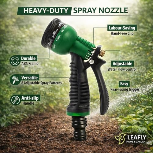 Image of Leafly Heavy Duty Garden Hose Pipe | 1 /2 Inch Flexible Water Pipe with Double Latex Core Braided Anti-Kink Outer Layer 8-Pattern SprayGun, Tap Connector & 2 Clamps | Leak-Proof, UV-Resistant (20M)