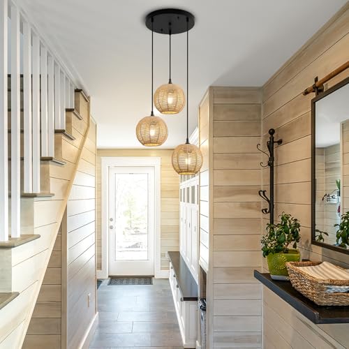 Image of Round 3 Light Boho Pendant Light Rattan Hanging Lamp | Hand Woven Wicker Small Chandelier Hanging Lights Fixture for Bedroom Kitchen Hallway Foyer