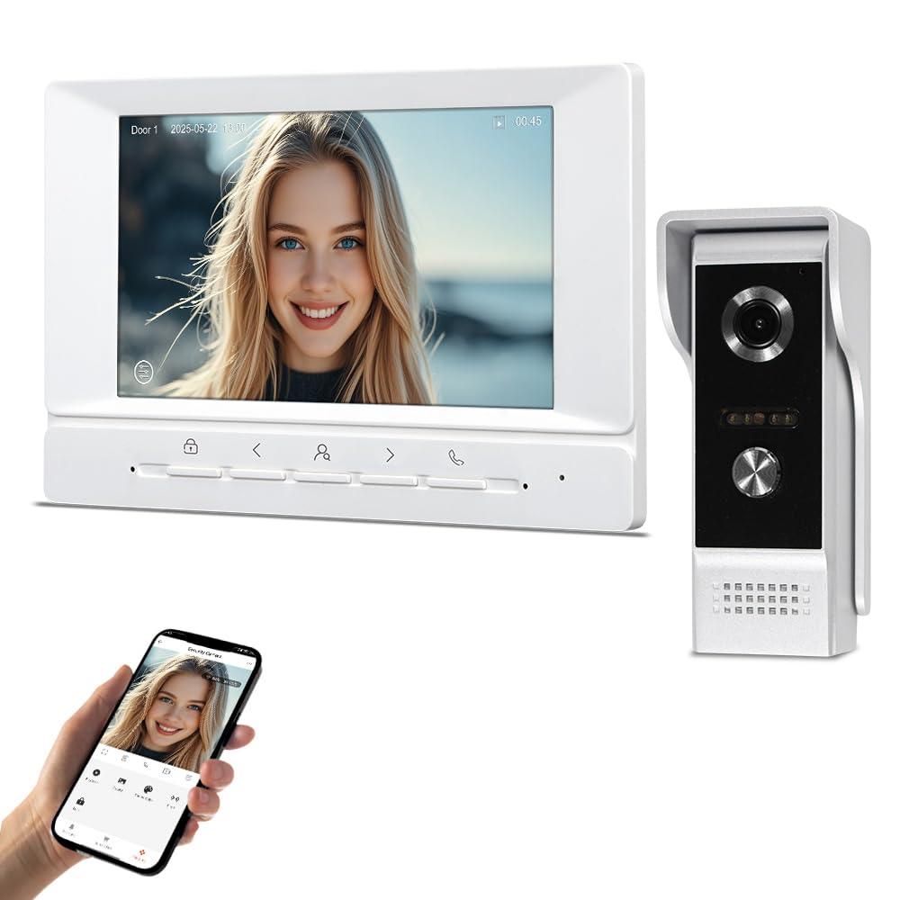 Videoportero WiFi 4 Hilos 1080P HD Timbre con Cámara Sistema de Intercomunicación con 7" Monitor Visión Nocturna Tuya App Desbloqueo Remoto