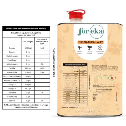 Image of Foreka Wood Pressed Black Mustard Oil 5 Litre | Cold Pressed Kachi Ghani Sarso Tel | Unrefined & Chemical Free | 100% Natural Cooking Oil | Strong Aroma & Authentic Taste | Bulk Family Pack