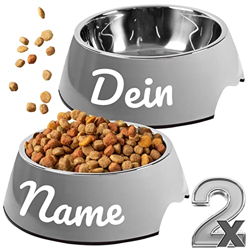 ne&no® Futternapf 2er Set für Hunde und Katzen (S - PERSONALISIERT, GRAU)