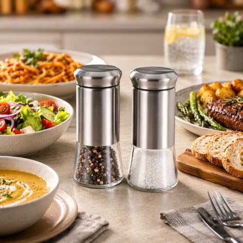 Image of Stainless Steel Salt and Pepper Shaker Set by ENHANCIO, Pack of 2 | Moisture-Proof Lids, Clear Glass Bottom, Easy Refill Spice Dispensers for Kitchen, Dining Table and Professional Chefs