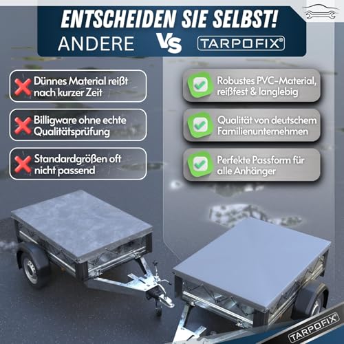 Tarpofix® Anhänger Plane 217 x 117 cm inkl. Planenseil | Anhängerplane Flachplane aus PVC PLANENMATERIAL | Verstärkte Unsinn Anhänger Plane für 750kg PKW Hänger | Abdeckplane Anhänger Abdeckung | Grau