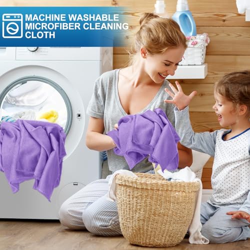 Image of Tenare 100 Pack 12'' x 12'' Microfiber Cleaning Cloths Reusable Cleaning Rags Bulk Microfiber Towels Softer Highly Absorbent Washcloths for House Kitchen Car Window(Purple)