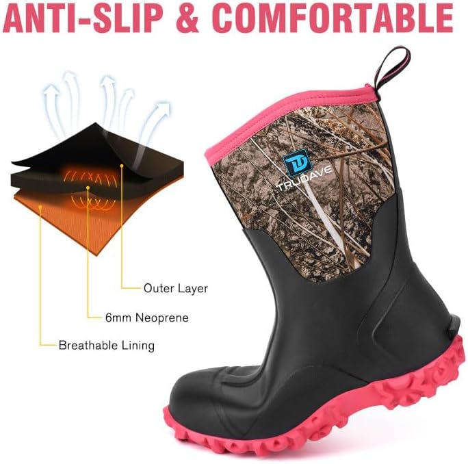 Trudave Rubber Boots for Women with Steel Shank, 6mm Neoprene Mid Calf Rain Boots, Waterproof Insulated Mud Work Boots All Season, Size 5-11 - Image 5