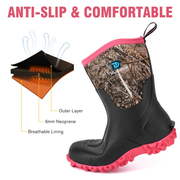 Image of Trudave Rubber Boots for Women with Steel Shank, 6mm Neoprene Mid Calf Rain Boots, Waterproof Insulated Mud Work Boots All Season, Size 5-11