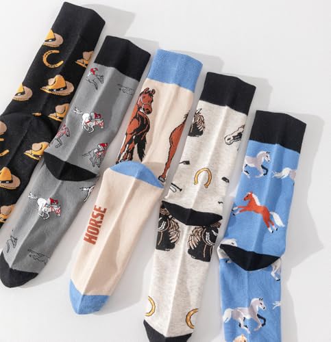 Image of 5 Pairs Cute Animal Crew Socks Fun Casual Cotton Calf Socks for Women (US, Alpha, One Size, Regular, Regular, Horse)